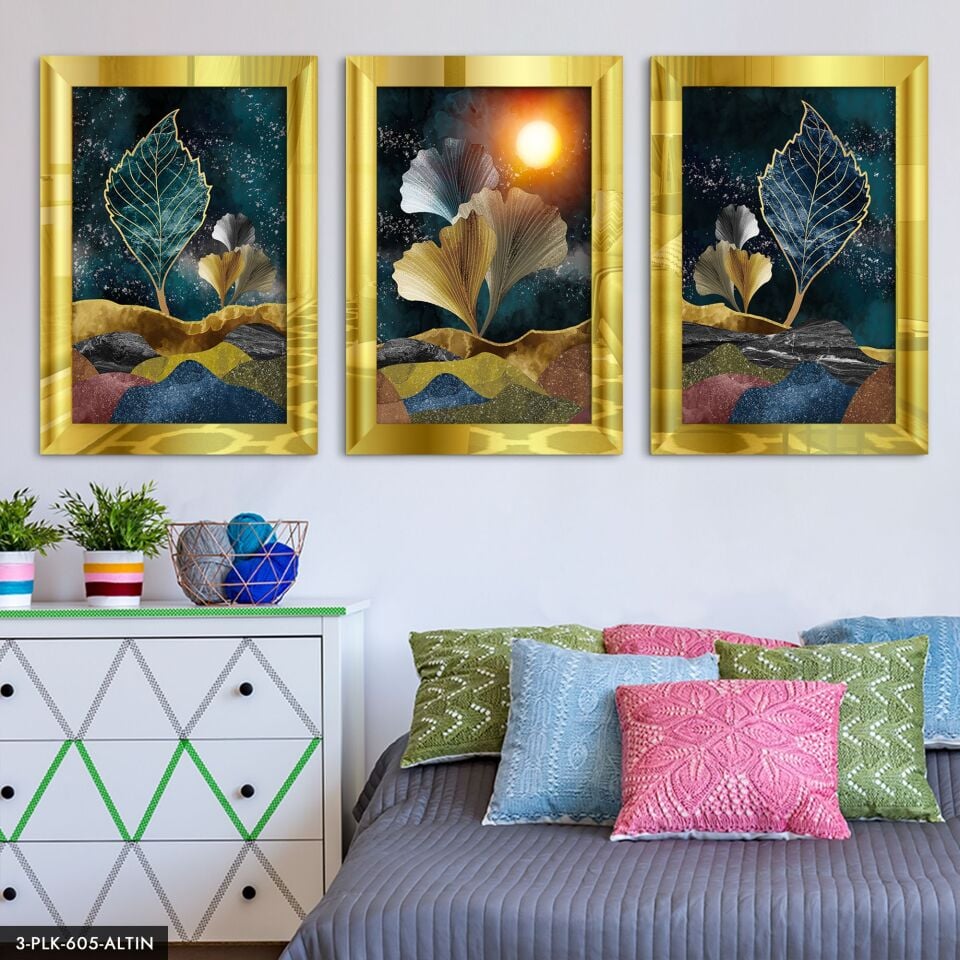 Yaprak Çiçek 3 Parça Pleksi Aynalı Tablo 20 x 30 CM - Gold