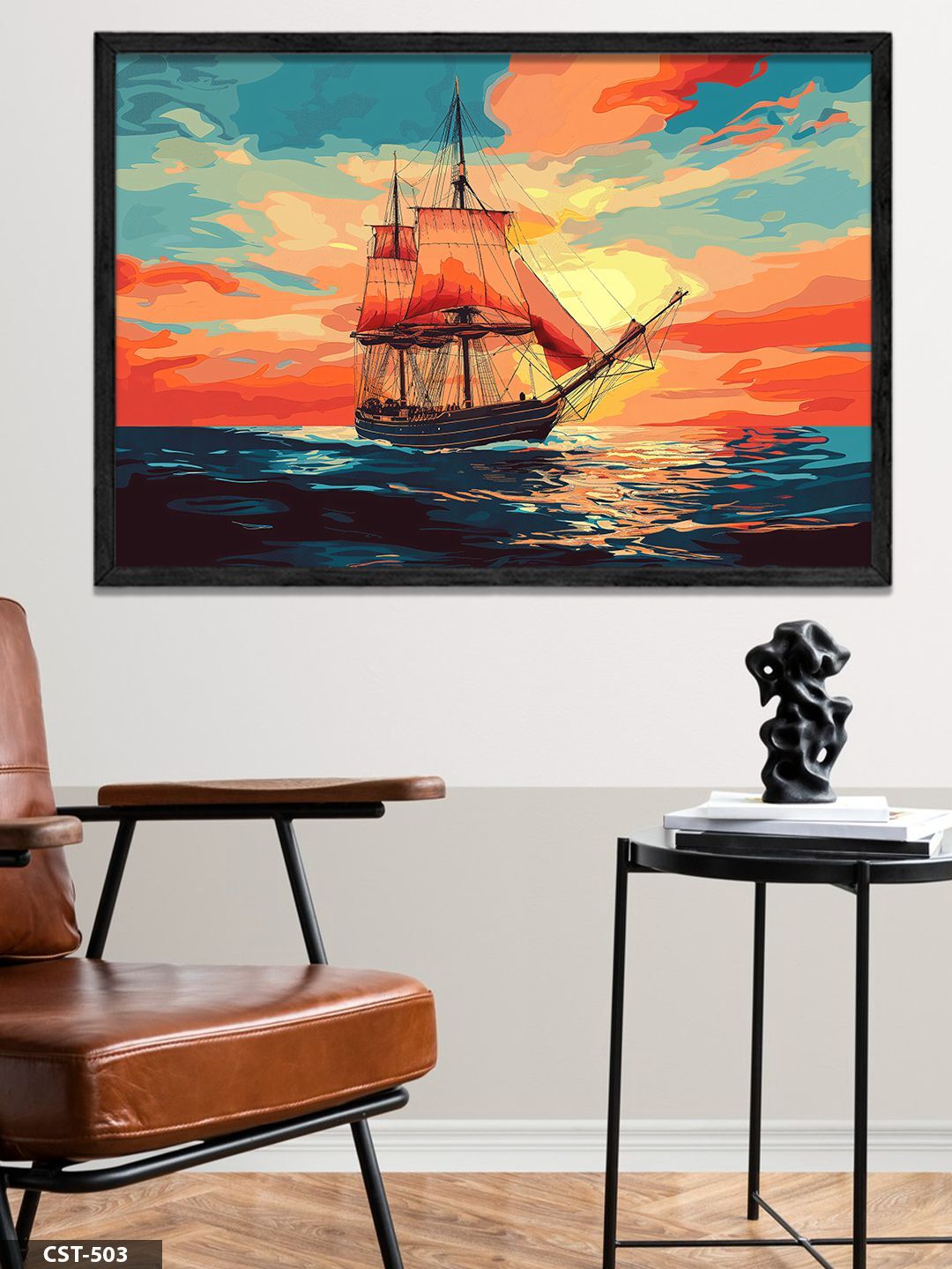 Günbatımında Gemi Tek Parça Ahşap Çerçeveli Tablo Siyah - 50 x 70 CM