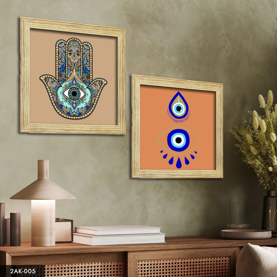 Meryem Ana Eli ve Nazar Boncuğu 2 Parçalı Kare Ahşap Çerçeveli Tablo