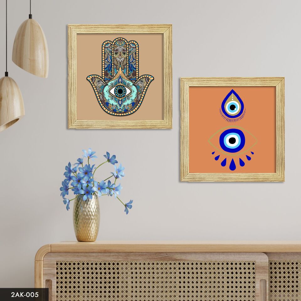 Meryem Ana Eli ve Nazar Boncuğu 2 Parçalı Kare Ahşap Çerçeveli Tablo