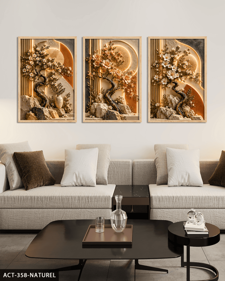 Dokulu Görünüm Bahar Dalları 3 Parça Ahşap Çerçeveli Tablo ACT Naturel - 40 x 60 CM