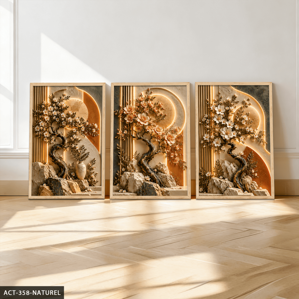 Dokulu Görünüm Bahar Dalları 3 Parça Ahşap Çerçeveli Tablo ACT Naturel - 40 x 60 CM