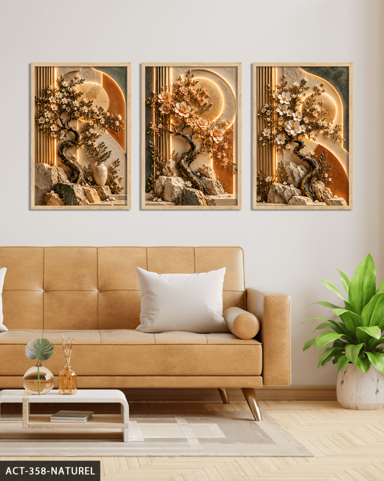 Dokulu Görünüm Bahar Dalları 3 Parça Ahşap Çerçeveli Tablo ACT Naturel - 40 x 60 CM