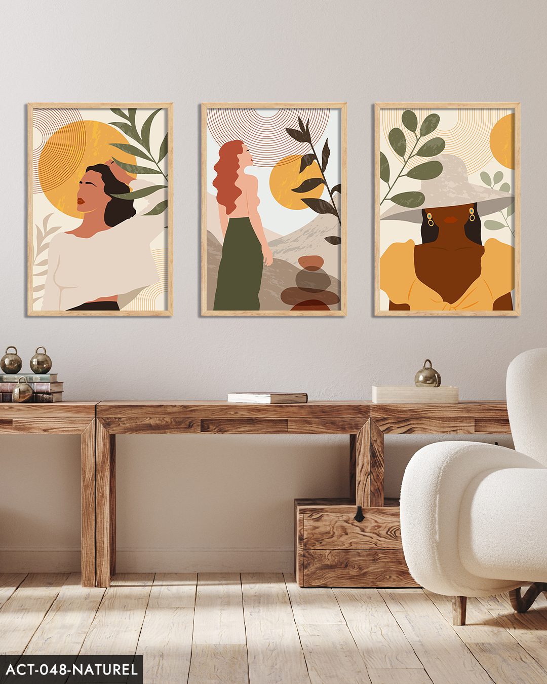 Boho Tarzı Sanatsal Kadın Portre 3 Parça Ahşap Çerçeveli Tablo ACT Naturel - 40 x 60 CM