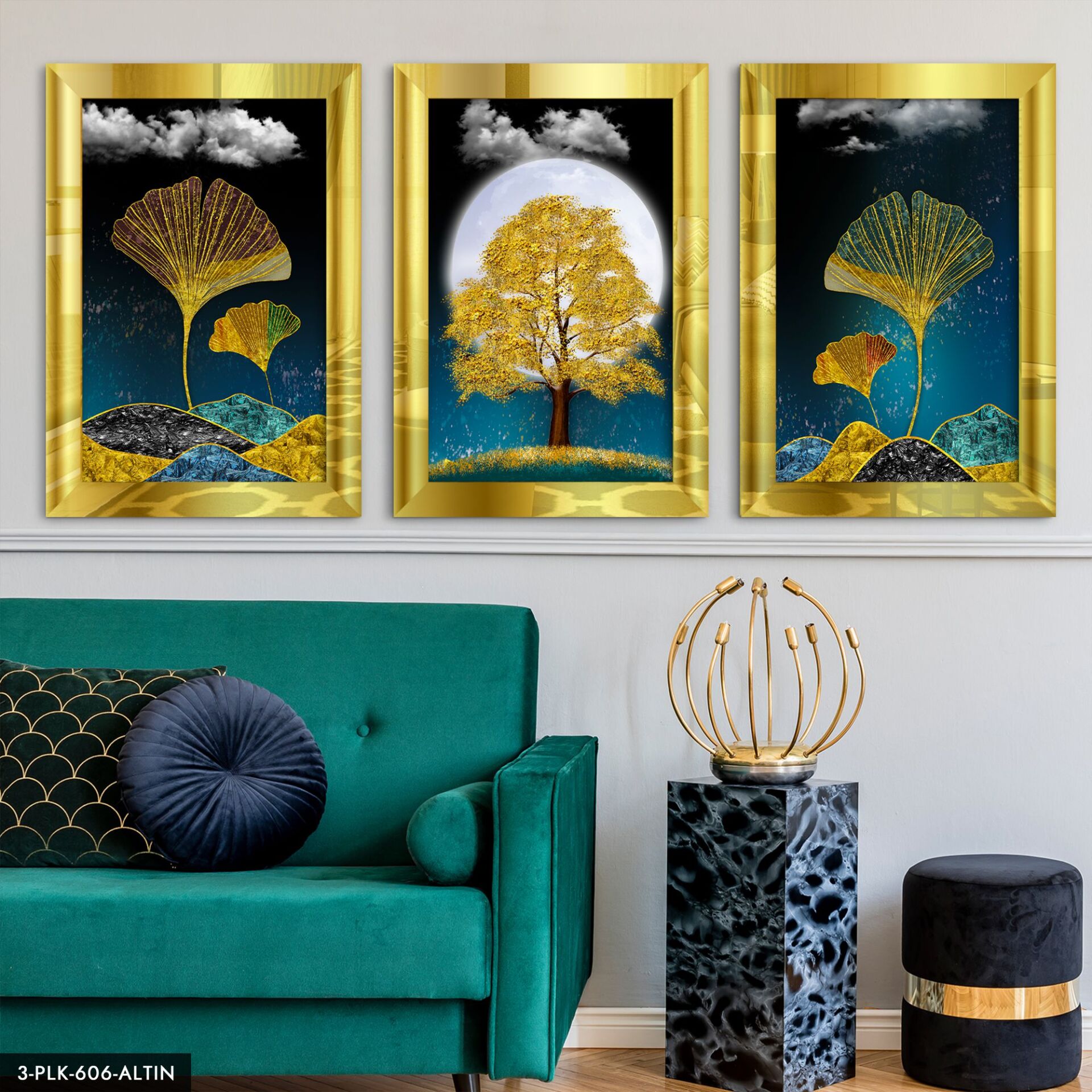 Agac Çiçek 3 Parça Pleksi Aynalı Tablo 20 x 30 CM - Gold