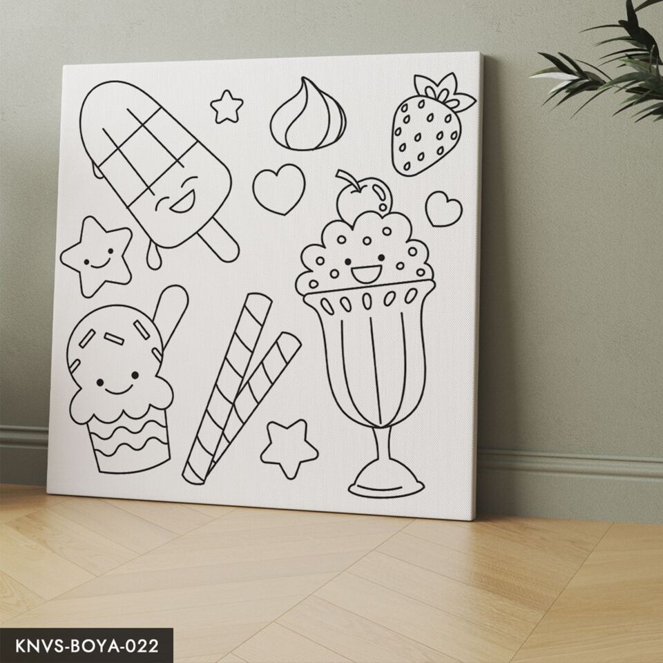 Sevimli Dondurma Çocuklara Özel 20x20 CM Kanvas Tuval Boyama Seti Fırça Boya Dahildir