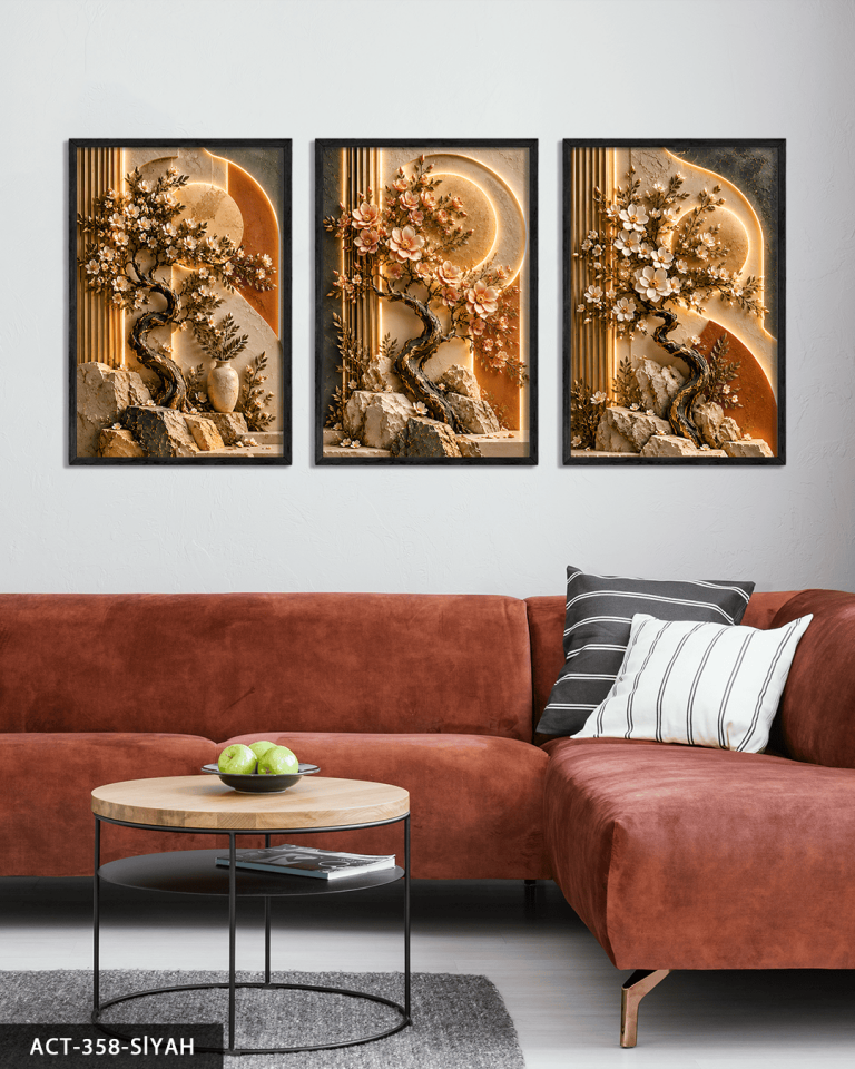 Dokulu Görünüm Bahar Dalları 3 Parça Ahşap Çerçeveli Tablo ACT Siyah - 30 x 40 CM