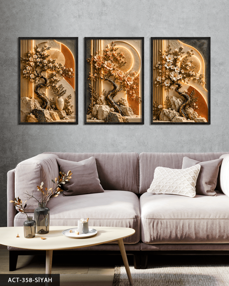 Dokulu Görünüm Bahar Dalları 3 Parça Ahşap Çerçeveli Tablo ACT Siyah - 30 x 40 CM
