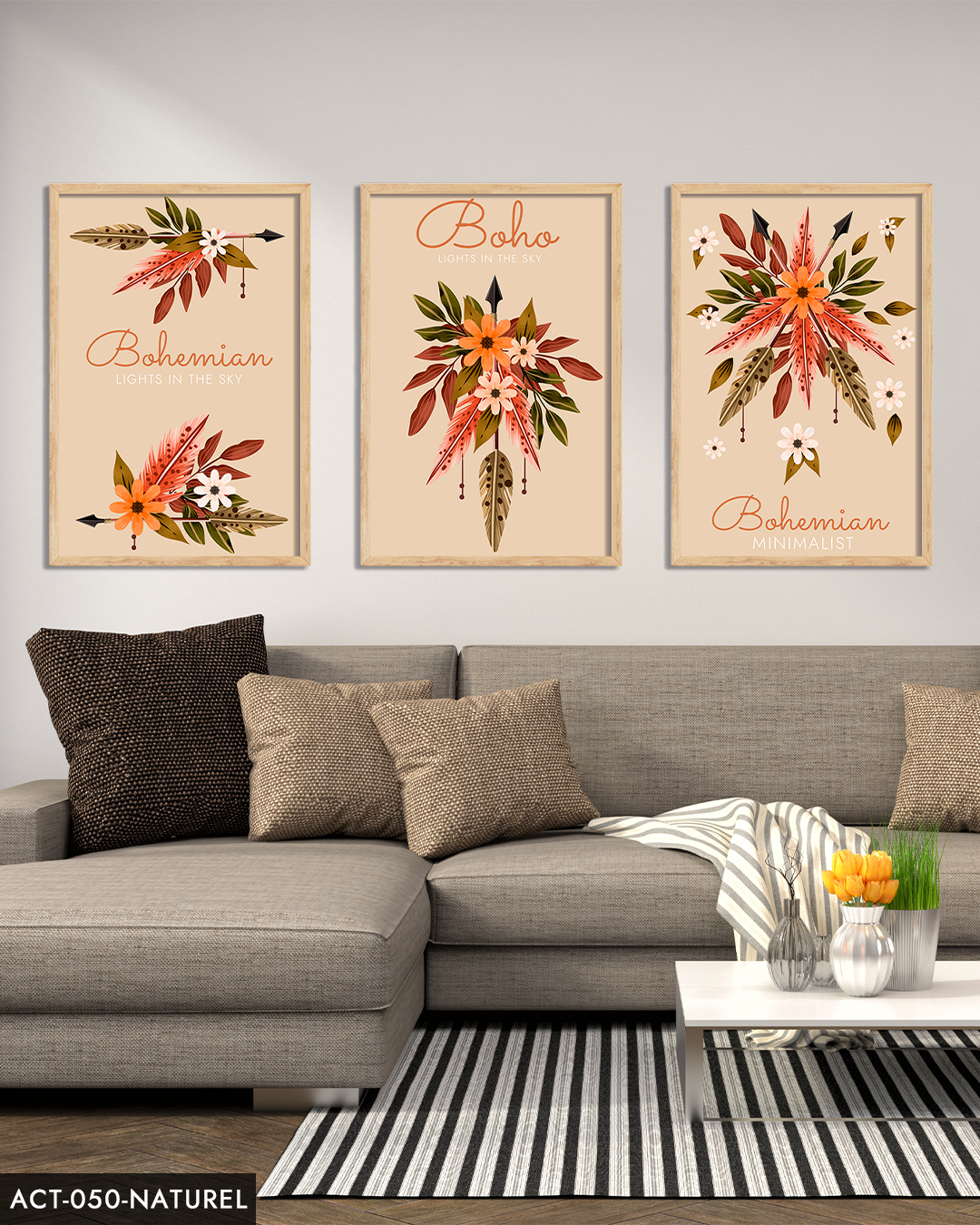 Boho Tarz, Çiçek, 3 Parça Ahşap Çerçeveli Tablo ACT Naturel - 40 x 60 CM