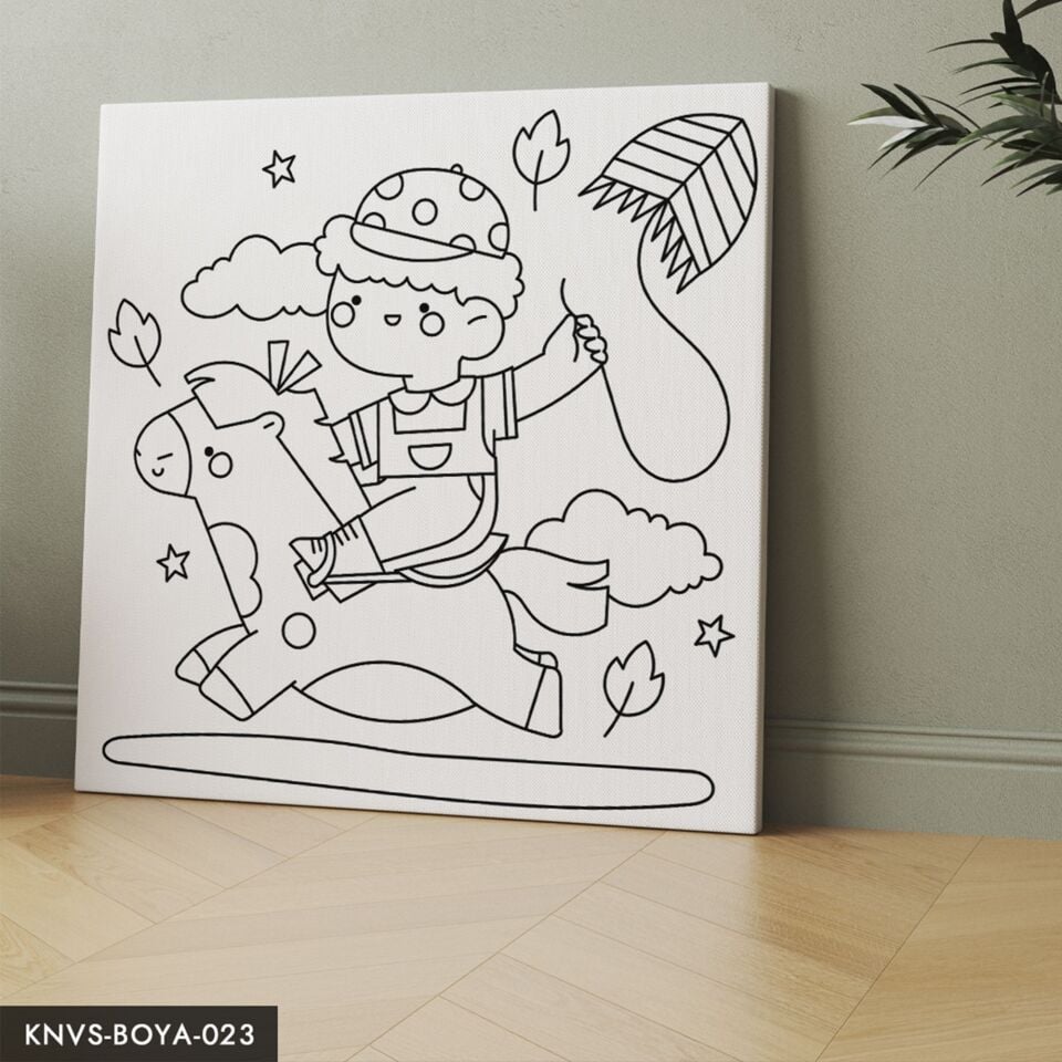 Ata Binen Sevimli Çocuk Çocuklara Özel 20x20 CM Kanvas Tuval Boyama Seti Fırça Boya Dahildir