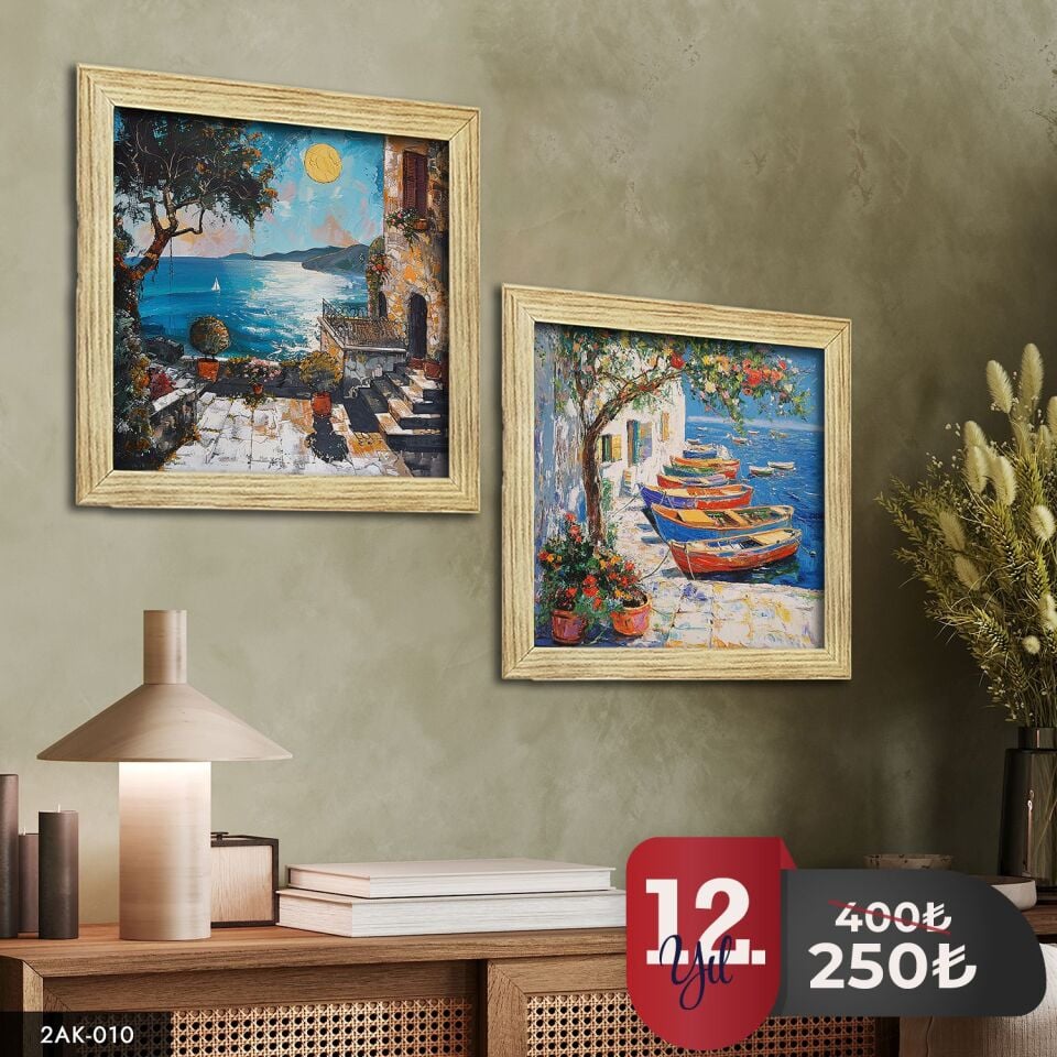 Deniz Manzaralı Evler 2 Parçalı Kare Ahşap Çerçeveli Tablo