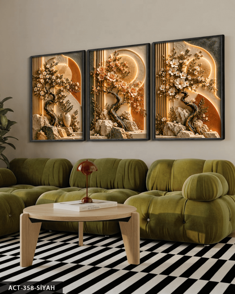 Dokulu Görünüm Bahar Dalları 3 Parça Ahşap Çerçeveli Tablo ACT Siyah - 50 x 70 CM