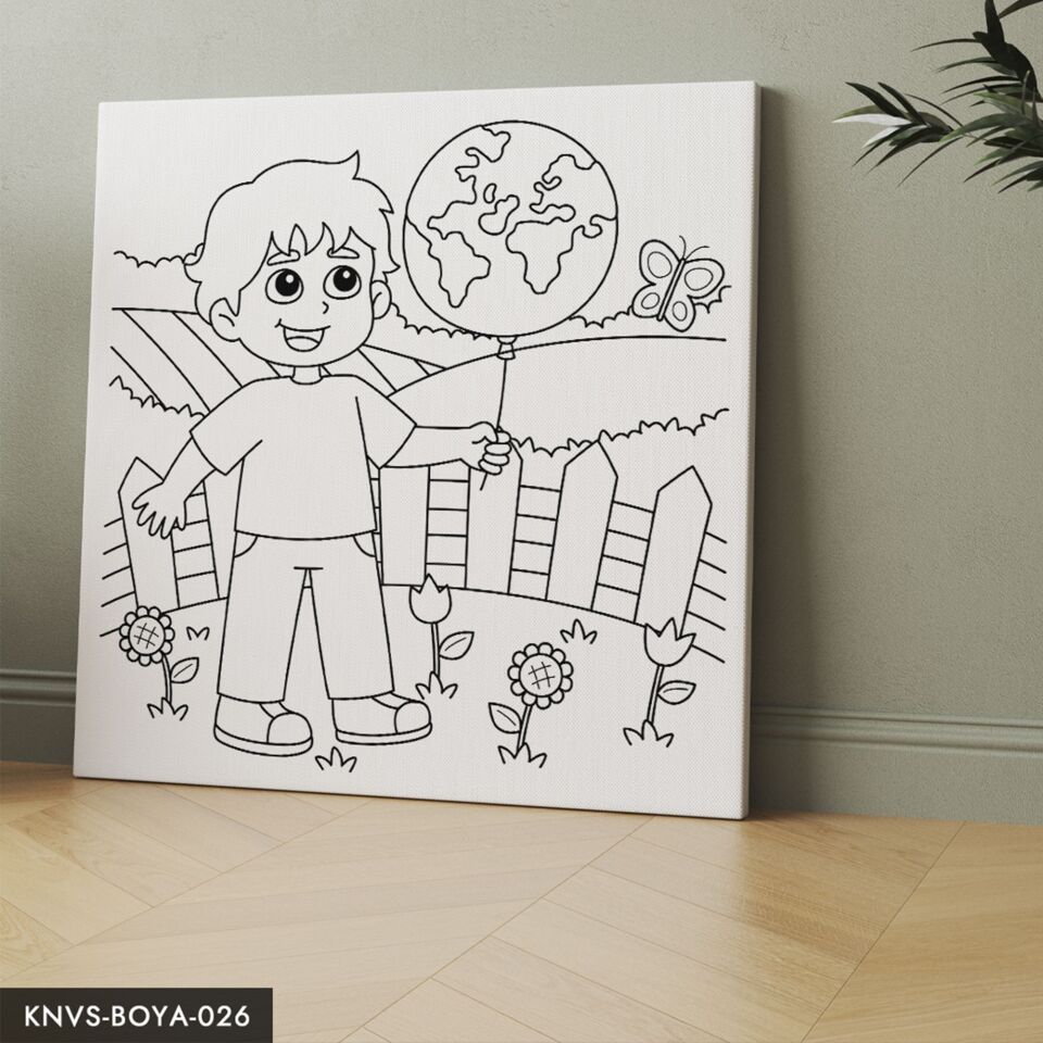 Balon Tutan Sevimli Çocuk Çocuklara Özel 20x20 CM Kanvas Tuval Boyama Seti Fırça Boya Dahildir