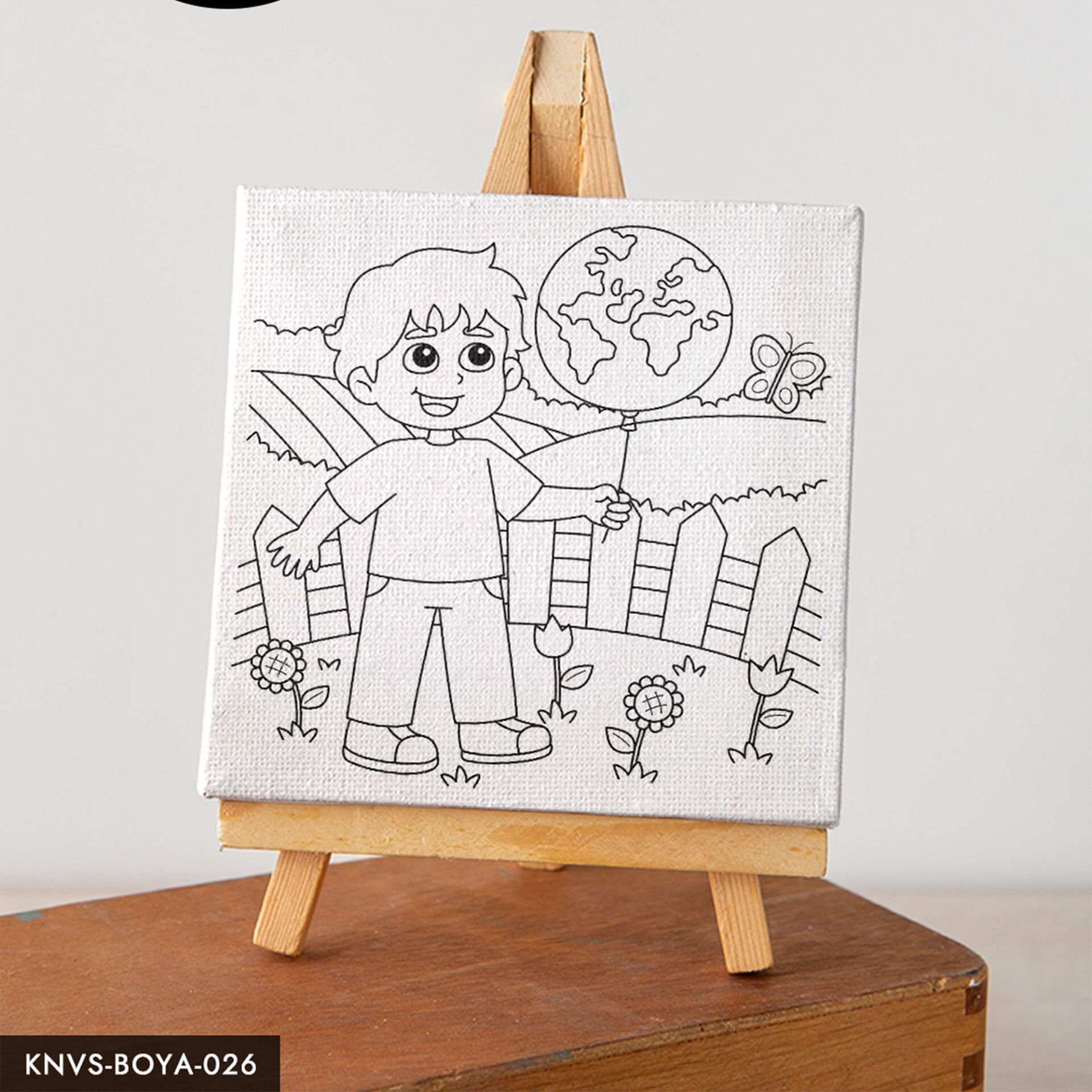 Balon Tutan Sevimli Çocuk Çocuklara Özel 20x20 CM Kanvas Tuval Boyama Seti Fırça Boya Dahildir