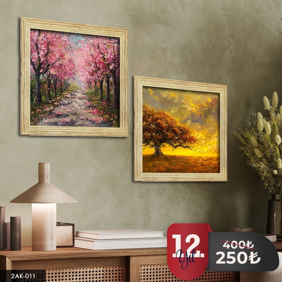 Ağaç Temalı 2 Parçalı Kare Ahşap Çerçeveli Tablo