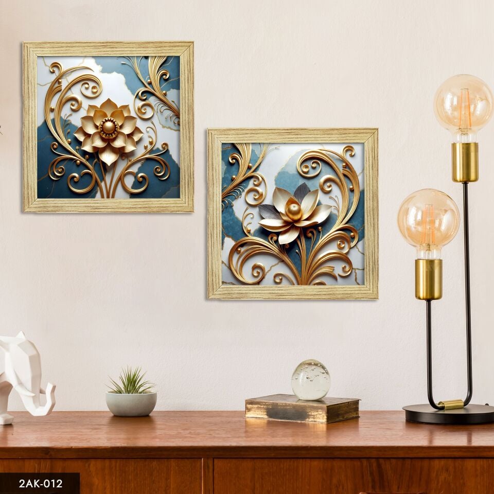 Gold Desenli Çiçek 2 Parçalı Kare Ahşap Çerçeveli Tablo