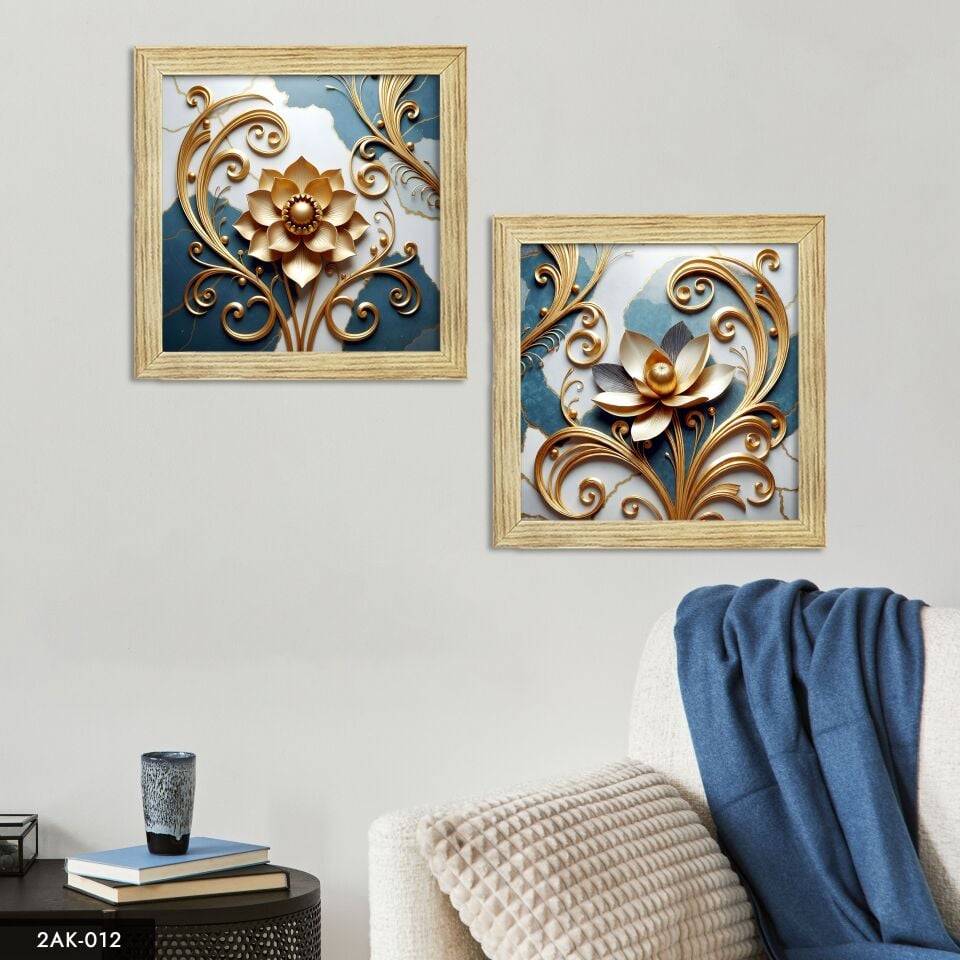 Gold Desenli Çiçek 2 Parçalı Kare Ahşap Çerçeveli Tablo