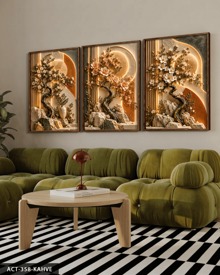 Dokulu Görünüm Bahar Dalları 3 Parça Ahşap Çerçeveli Tablo ACT Kahverengi - 40 x 60 CM