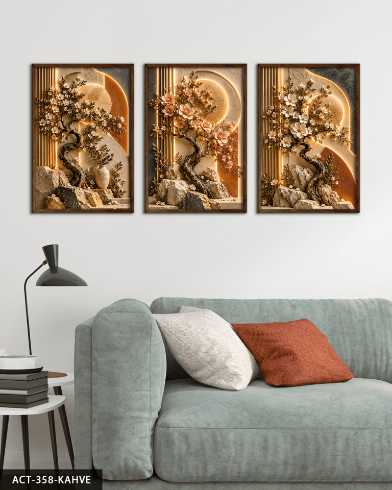 Dokulu Görünüm Bahar Dalları 3 Parça Ahşap Çerçeveli Tablo ACT Kahverengi - 40 x 60 CM