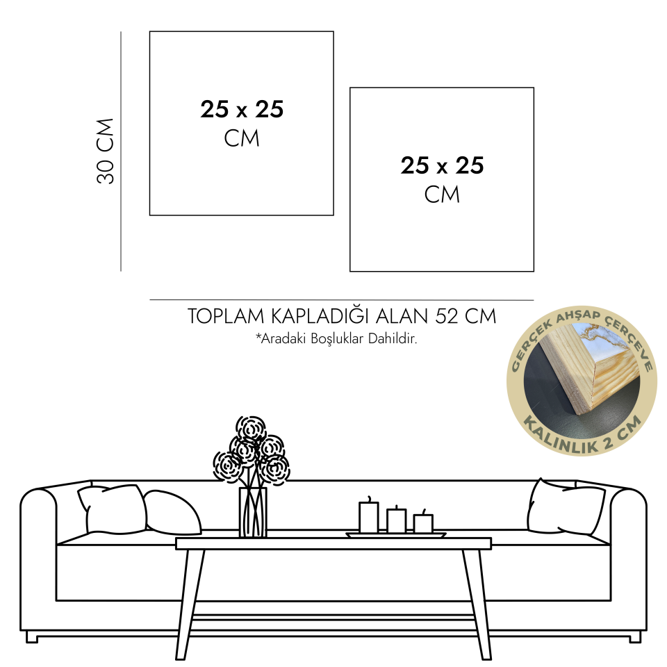 Gold Desenli Çiçek 2 Parçalı Kare Ahşap Çerçeveli Tablo