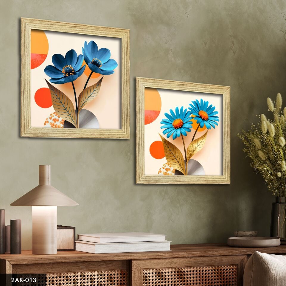 Mavi Çiçek 2 Parçalı Kare Ahşap Çerçeveli Tablo