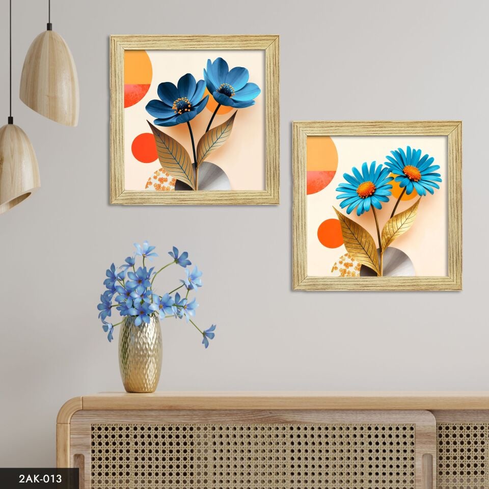 Mavi Çiçek 2 Parçalı Kare Ahşap Çerçeveli Tablo
