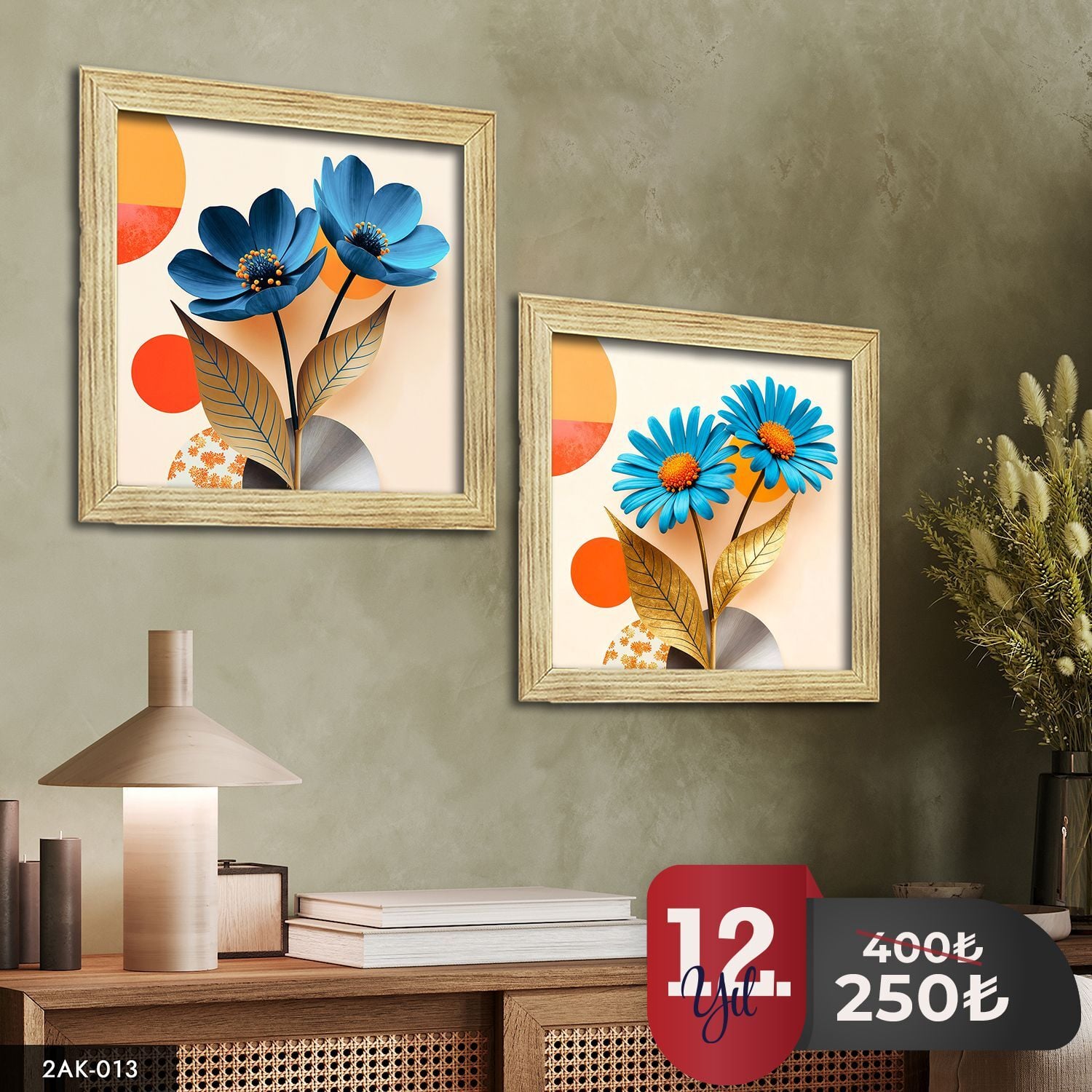 Mavi Çiçek 2 Parçalı Kare Ahşap Çerçeveli Tablo