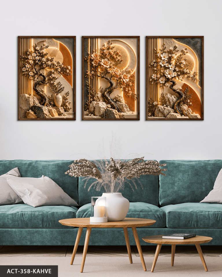Dokulu Görünüm Bahar Dalları 3 Parça Ahşap Çerçeveli Tablo ACT Kahverengi - 50 x 70 CM