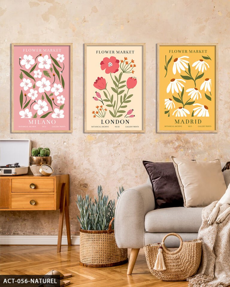 Çiçek Market 3 Parça Ahşap Çerçeveli Tablo Naturel - 40 x 60 CM