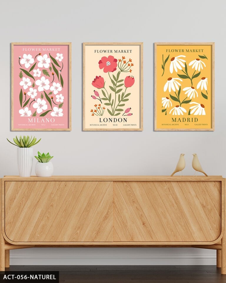 Çiçek Market 3 Parça Ahşap Çerçeveli Tablo Naturel - 40 x 60 CM