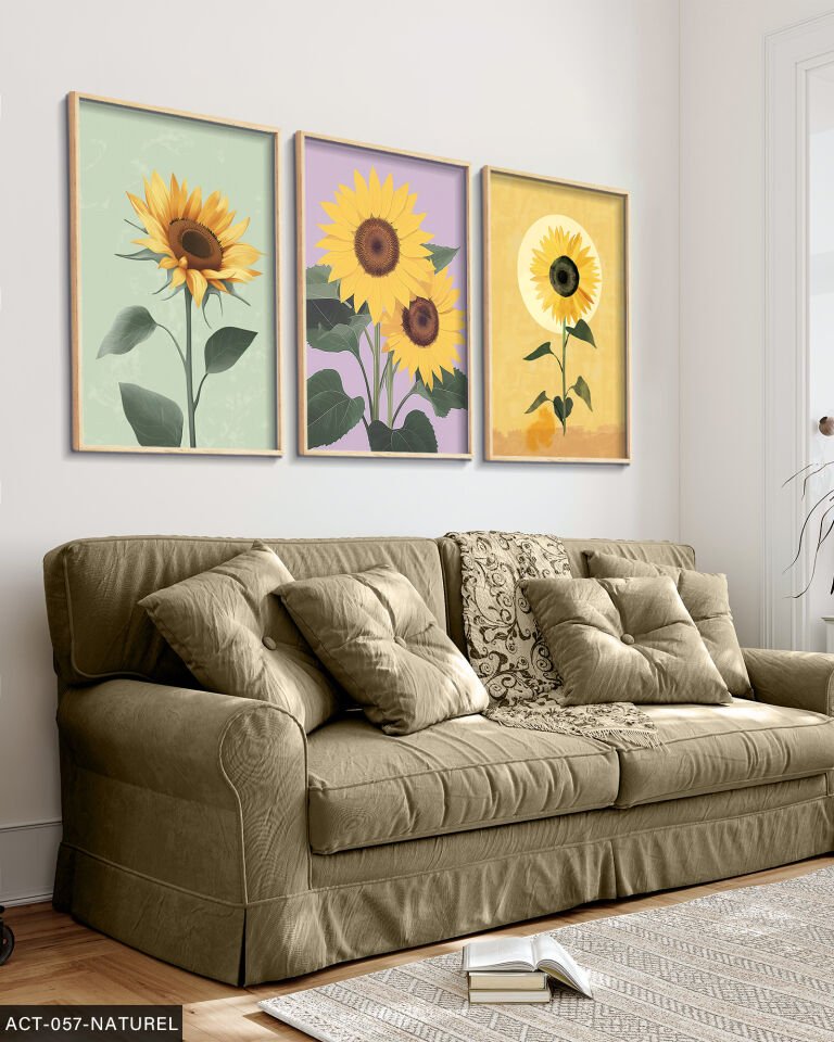 Ay çiçekleri 3 Parça Ahşap Çerçeveli Tablo Naturel - 40 x 60 CM