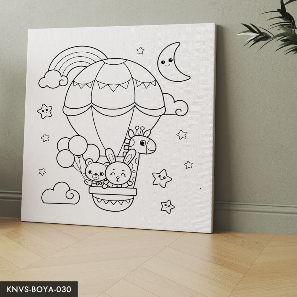 Balonda Uçan Hayvanlar Çocuklara Özel 20x20 CM Kanvas Tuval Boyama Seti Fırça Boya Dahildir