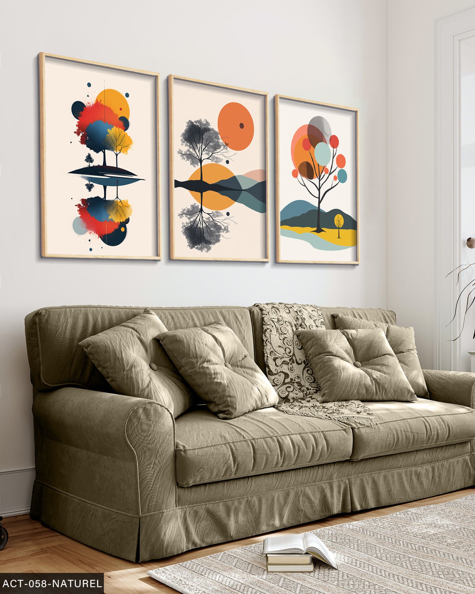 Doğa Ağaçlar Soyut 3 Parça Ahşap Çerçeveli Tablo Naturel - 40 x 60 CM