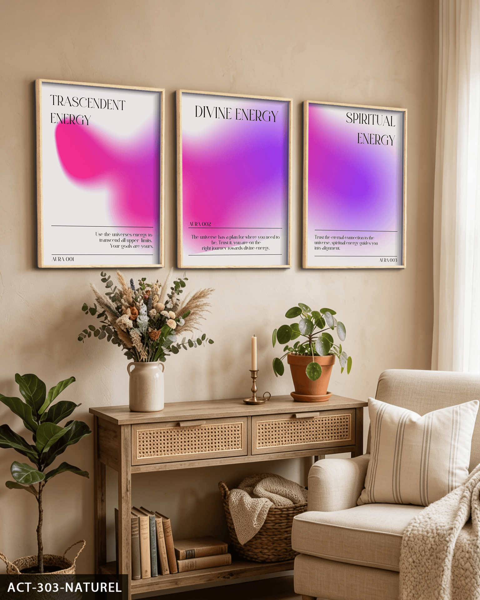 Spiritüel Temalı 3 Parça Ahşap Çerçeveli Tablo ACT Naturel - 40 x 60 CM