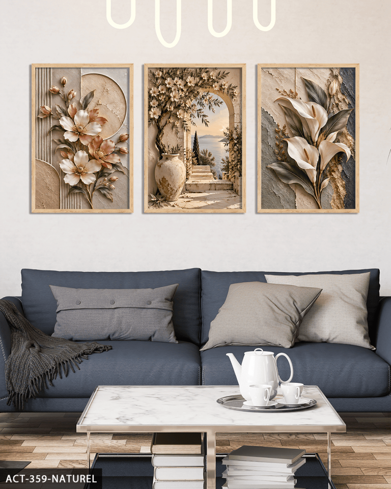 Dokulu Görünüm Çiçekli Manzara ve Zambak 3 Parça Ahşap Çerçeveli Tablo ACT Naturel - 30 x 40 CM