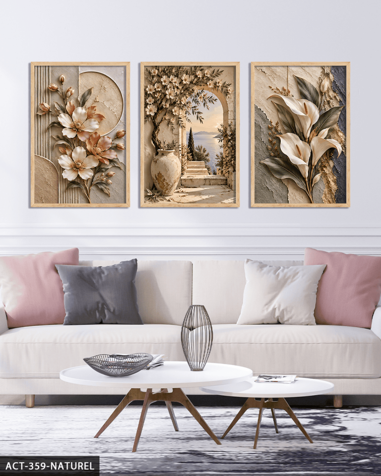 Dokulu Görünüm Çiçekli Manzara ve Zambak 3 Parça Ahşap Çerçeveli Tablo ACT Naturel - 30 x 40 CM