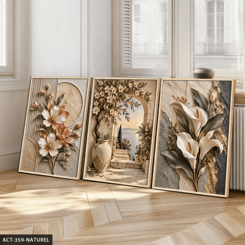Dokulu Görünüm Çiçekli Manzara ve Zambak 3 Parça Ahşap Çerçeveli Tablo ACT Naturel - 40 x 60 CM