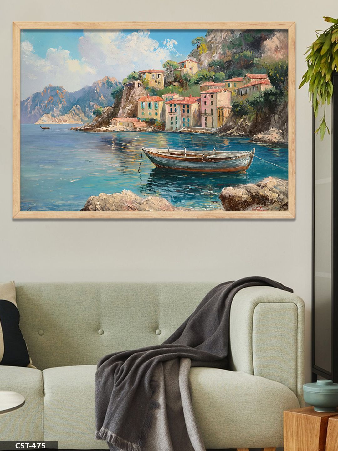 Sahil Kasabası Tek Parça Ahşap Çerçeveli Tablo Naturel - 40 x 60 CM