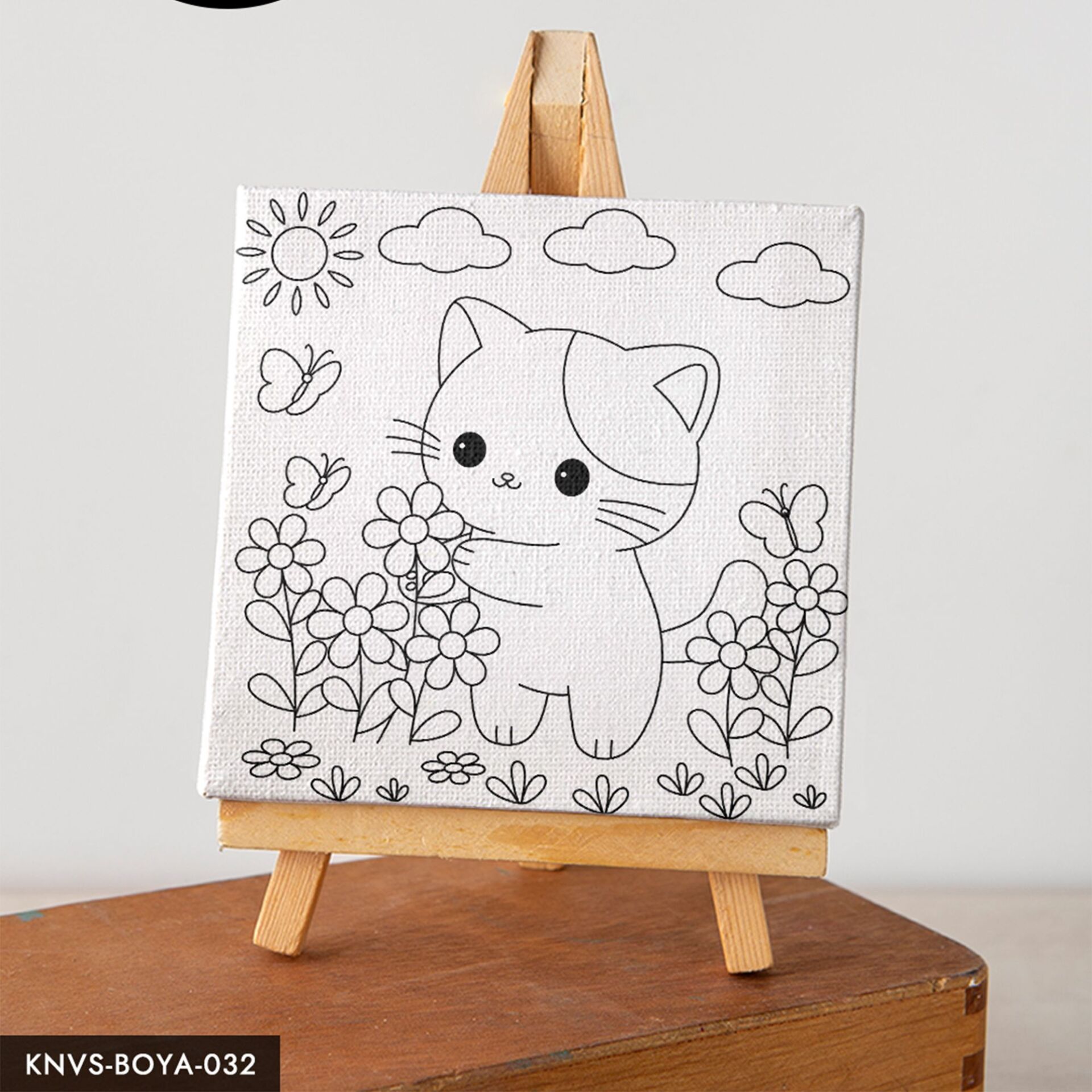 Çiçek Toplayan Sevimli Kedi Çocuklara Özel 20x20 CM Kanvas Tuval Boyama Seti Fırça Boya Dahildir