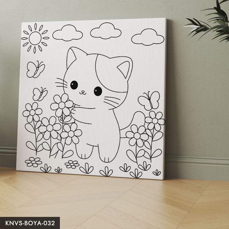 Çiçek Toplayan Sevimli Kedi Çocuklara Özel 20x20 CM Kanvas Tuval Boyama Seti Fırça Boya Dahildir