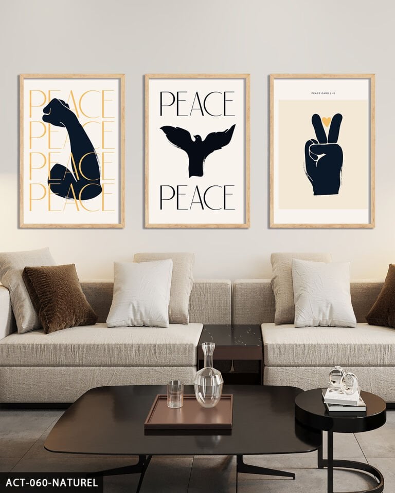 Peace, Barış 3 Parça Ahşap Çerçeveli Tablo Naturel - 40 x 60 CM