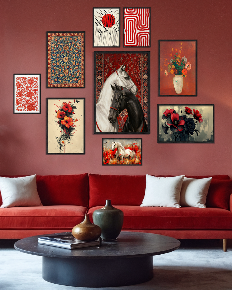 Kırmızı ve Asil Atlar Temalı 9 Parça Ahşap Çerçeveli Tablo Siyah