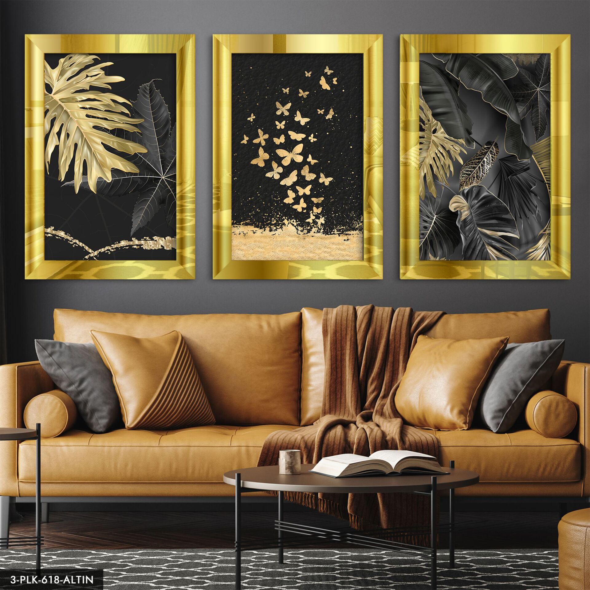 Gold Yapraklar Kelebekler 3 Parça Pleksi Aynalı Tablo 20 x 30 CM - Gold