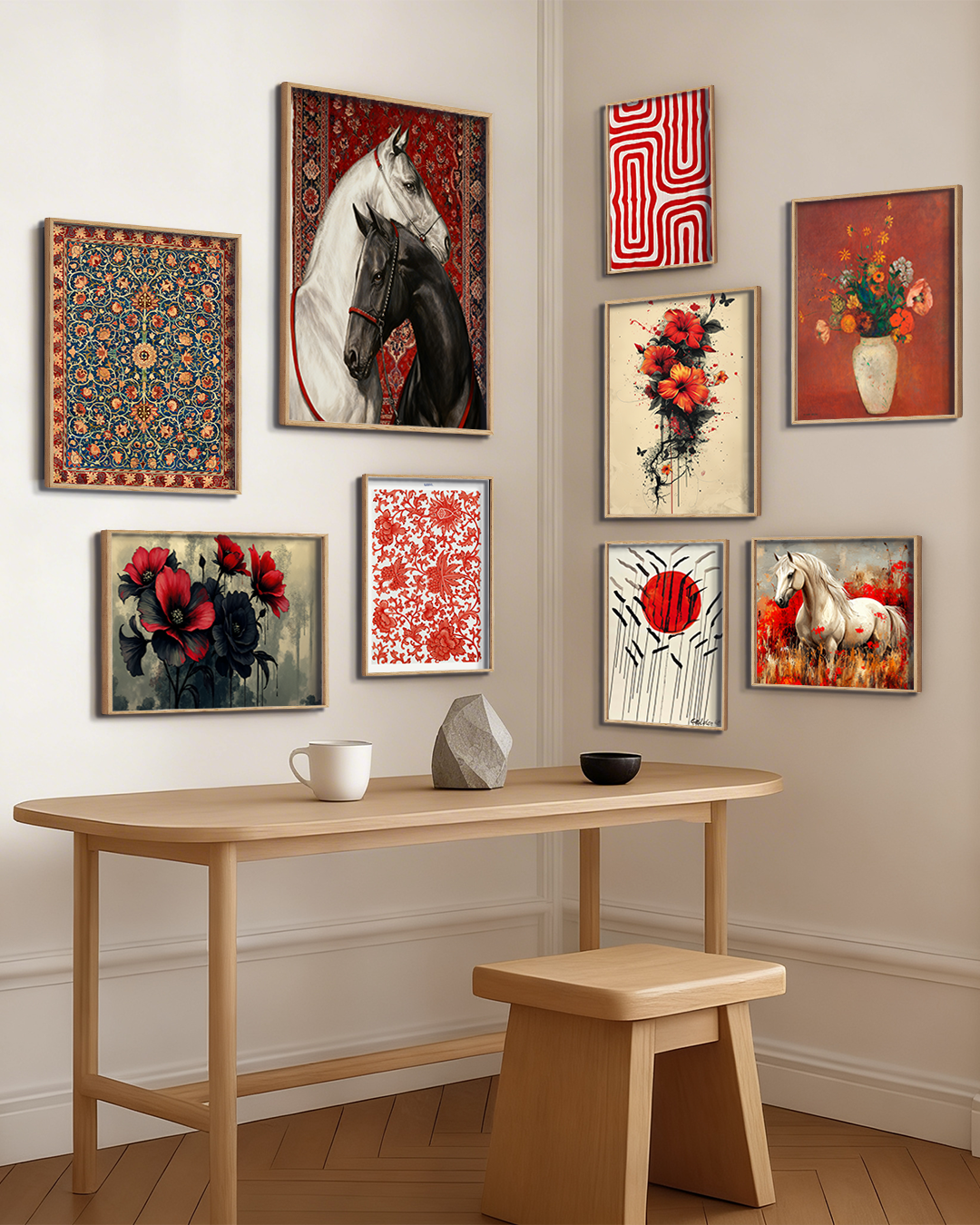 Kırmızı ve Asil Atlar Temalı 9 Parça Ahşap Çerçeveli Tablo Naturel