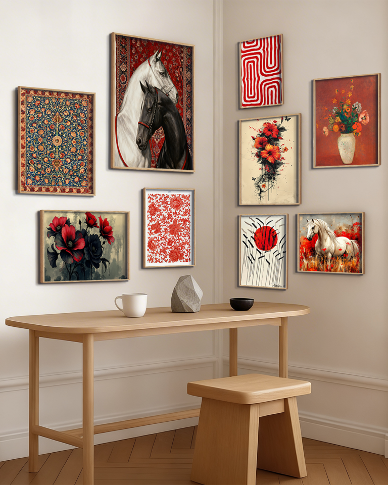 Kırmızı ve Asil Atlar Temalı 9 Parça Ahşap Çerçeveli Tablo Naturel