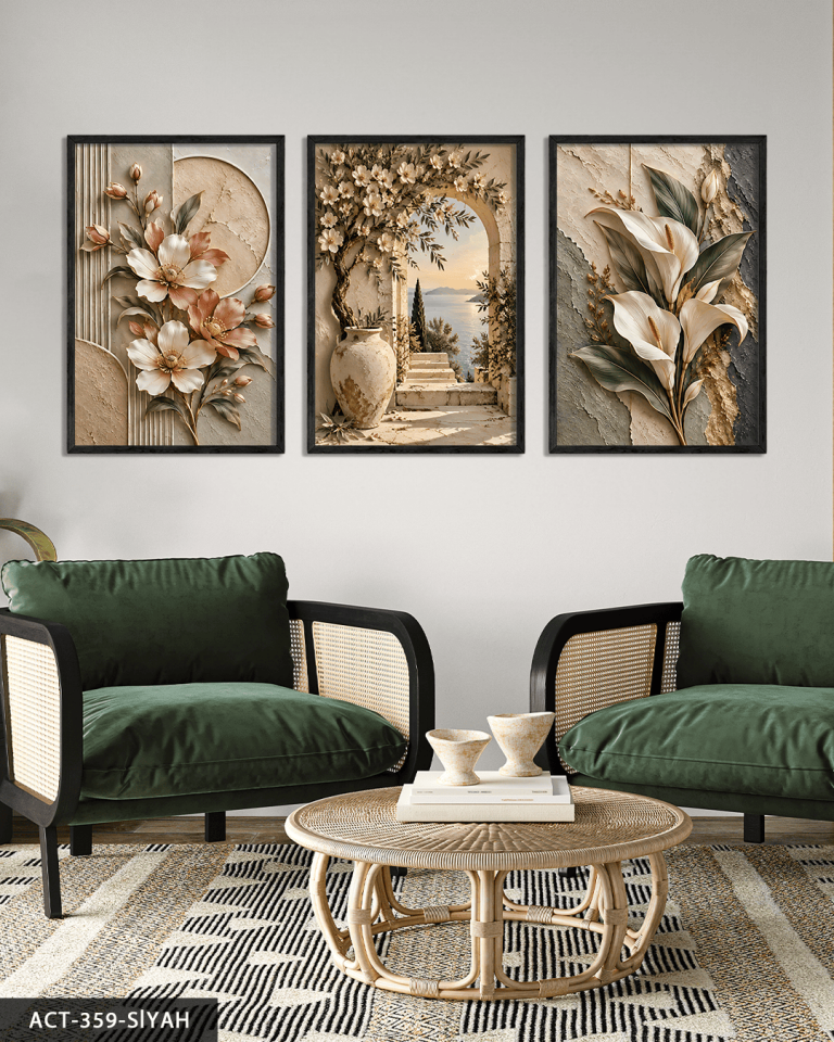 Dokulu Görünüm Çiçekli Manzara ve Zambak 3 Parça Ahşap Çerçeveli Tablo ACT Siyah - 30 x 40 CM