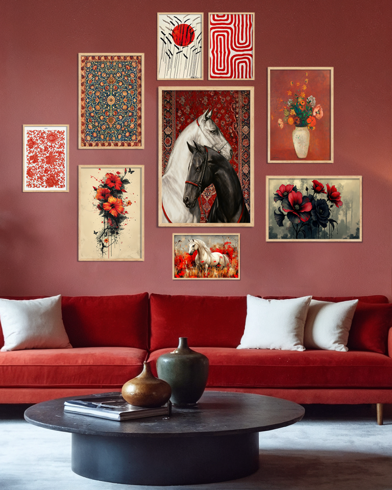 Kırmızı ve Asil Atlar Temalı 9 Parça Ahşap Çerçeveli Tablo Naturel
