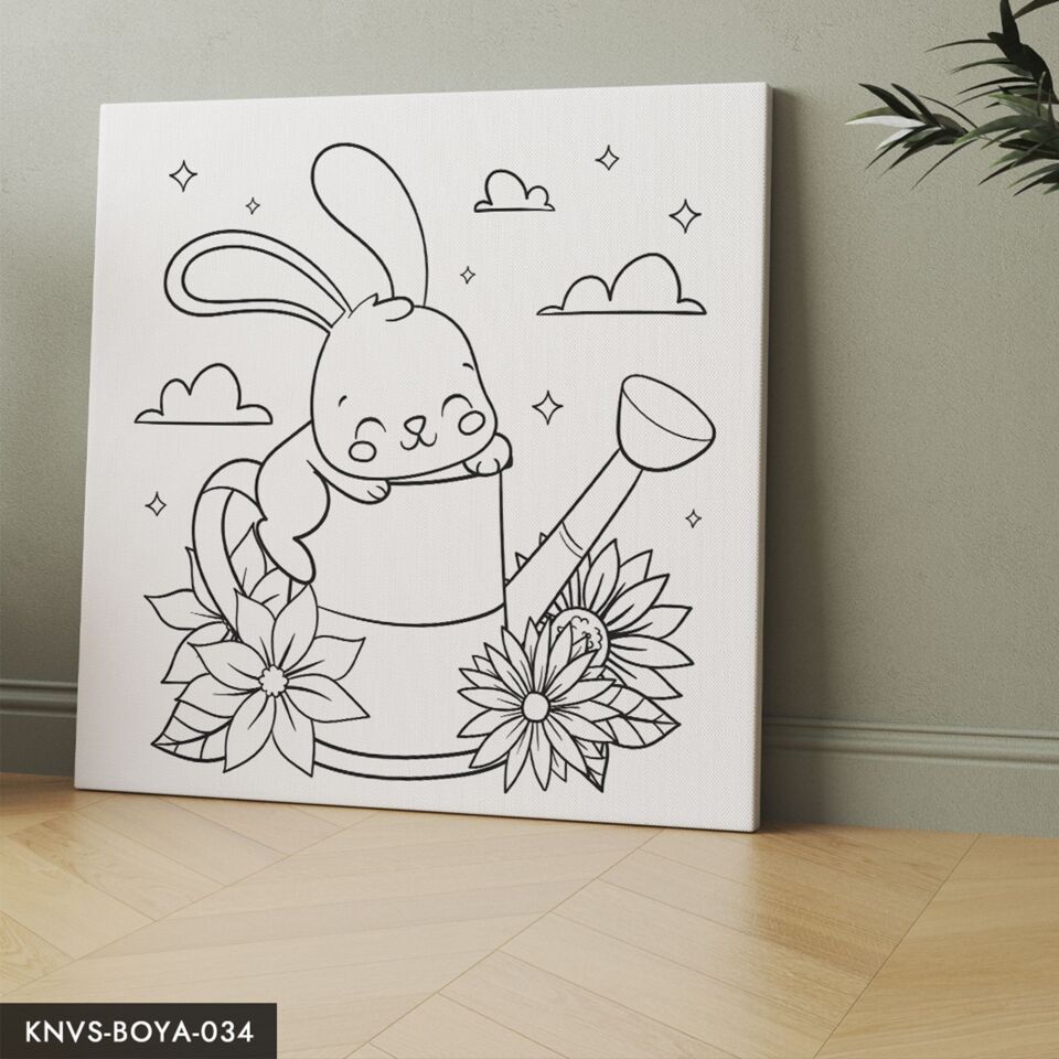 Sevimli Tavşan Çocuklara Özel 20x20 CM Kanvas Tuval Boyama Seti Fırça Boya Dahildir