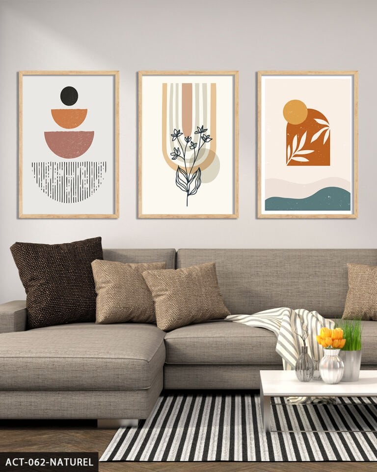 Soyut 3 Parça Ahşap Çerçeveli Tablo Naturel - 40 x 60 CM