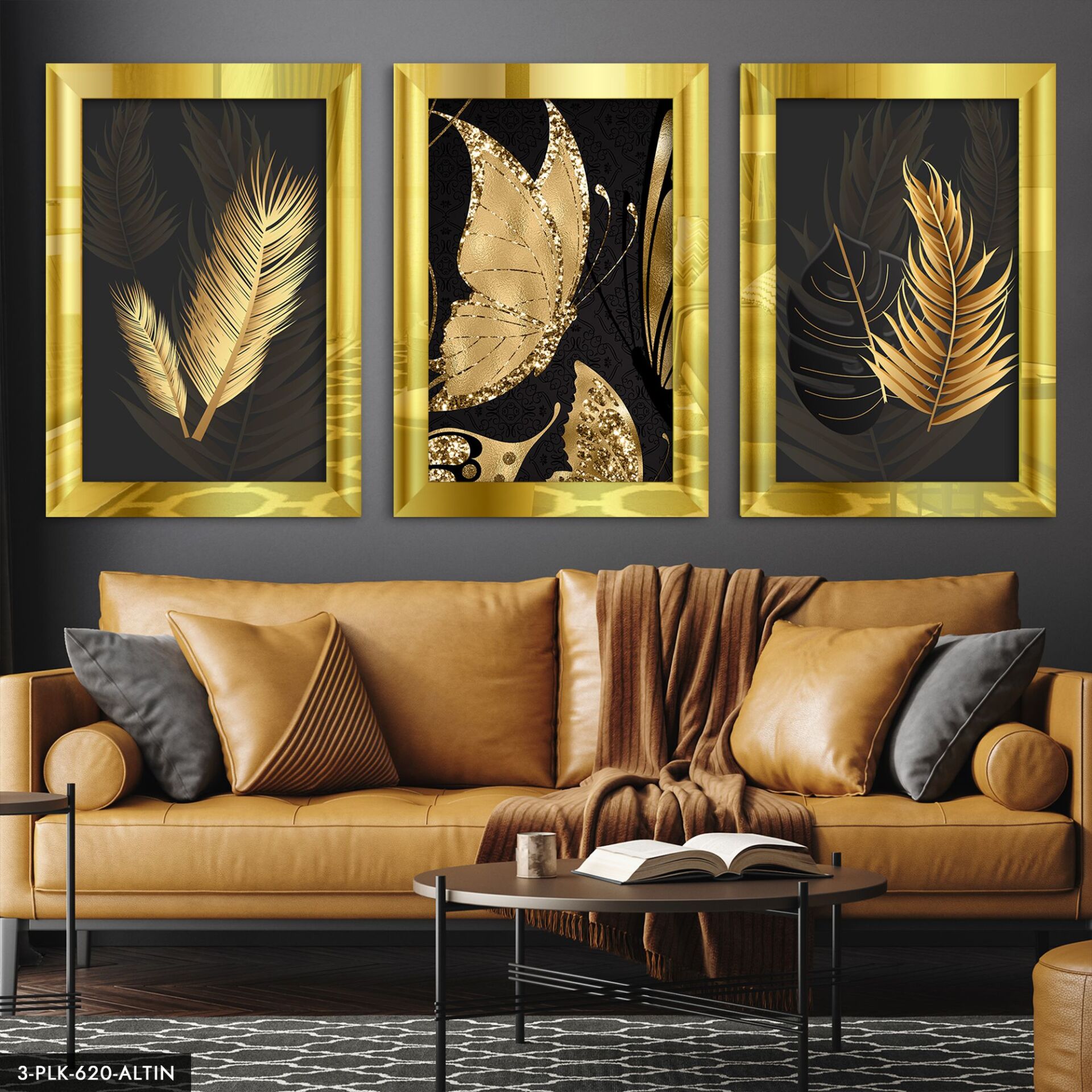 Kelebekler Yapraklar 3 Parça Pleksi Aynalı Tablo 20 x 30 CM - Gold